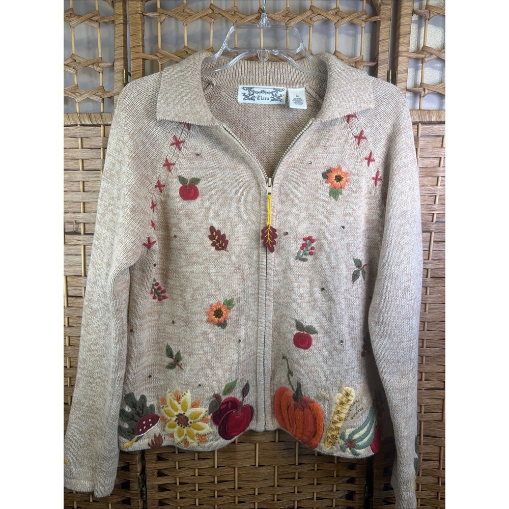 Vtg Tiara International Fall Harvest Zip Cardigan SZ M Pumpkin Gourds Leaves